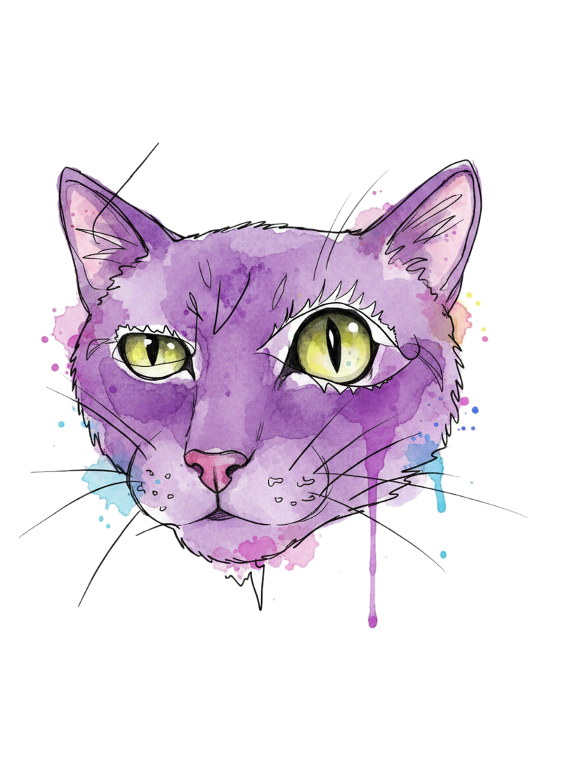 Whimsical purple watercolour cat illustration, original artwork by Claire Lhasa Wild