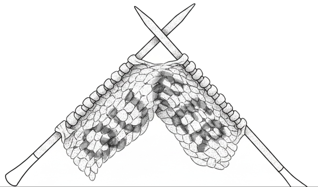 Ink illustration of crossed knitting needles and stitches, original artwork by Claire Lhasa Wild