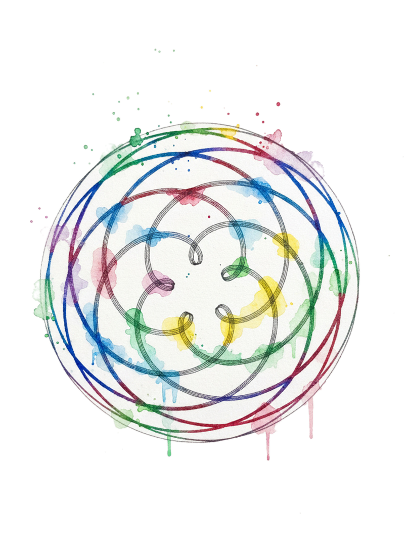 Watercolour and ink illustration of overlapping rainbow rings forming a flower pattern, original artwork by Claire Lhasa Wild